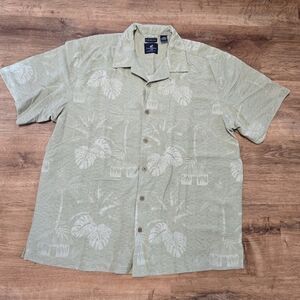 Caribbean Joe Light Green Leaf Print Shirt Washable 100% Silk XXL